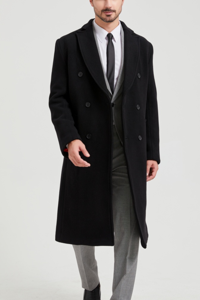 Men's Black Casual Double Breasted Long Overcoat High-End Luxury Woolen Viscose Trench Coat Anti-Wrinkle Breathable