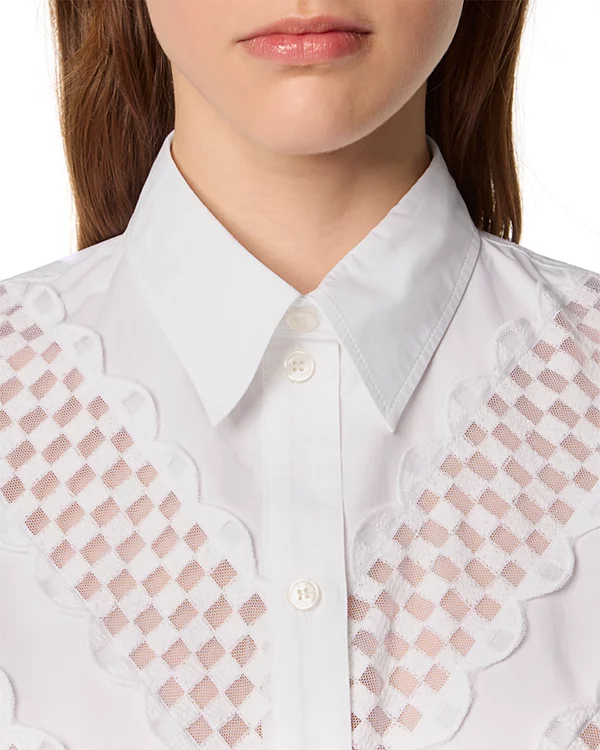 Women's Elegant Casual White Cotton Blouse Turn-Down Collar Long Sleeve Checkered Lace Embroidered V-Panel Button Down Top