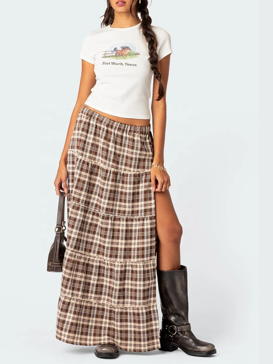 2025 Summer Y2k Vintage High Split Elastic Waist Tiered Midi Skirts Custom a Line Maxi Long Plaid Skirts for Girls
