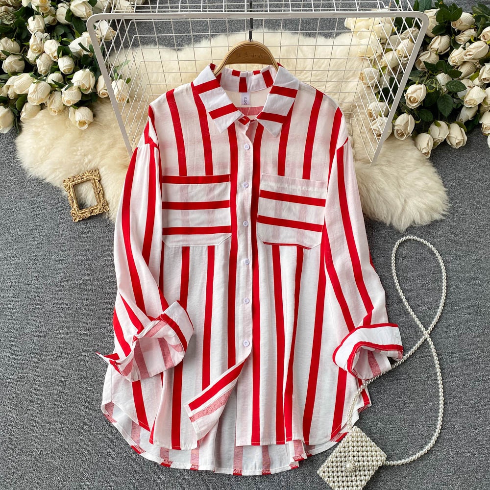 Spring and Autumn Striped Korean Style Casual Long Sleeve Lapel Fashion Women's Blouses and Shirts