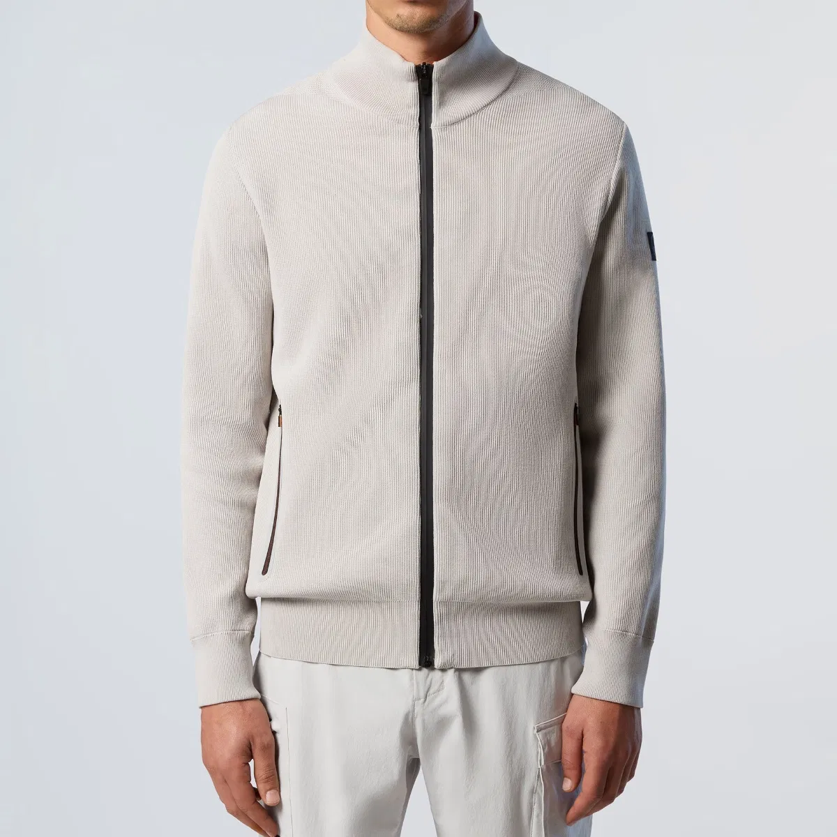 Men Ribbed Knit Stand Collar Zip-up Jacket Casual Bomber Style Cardigan Sweater