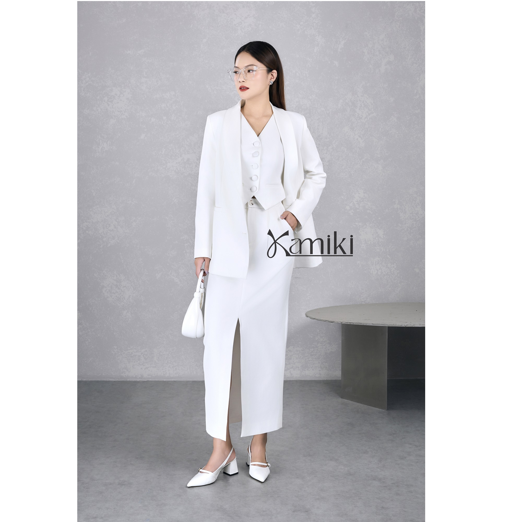 Vietnam Solid High Waist Elegant Front-Slit Midi Skirt KV27 Elegant / Office Lady / Vintage Minimal Maxi Standard Women's Skirts