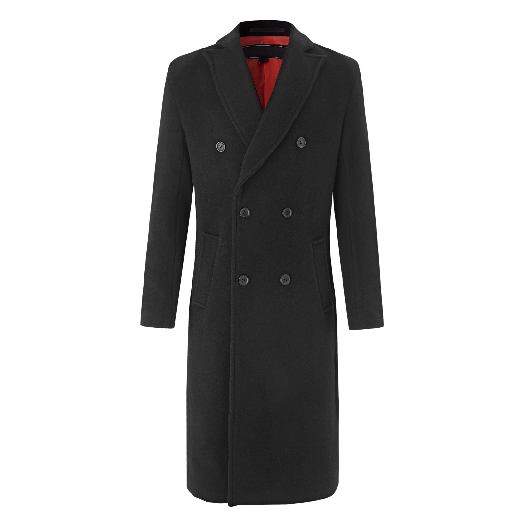 Men's Black Casual Double Breasted Long Overcoat High-End Luxury Woolen Viscose Trench Coat Anti-Wrinkle Breathable