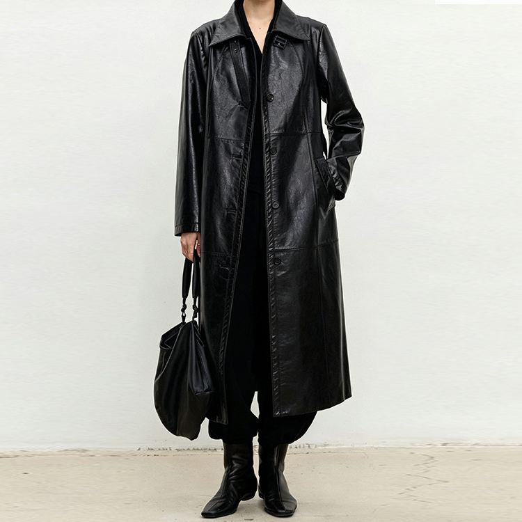 HN000004 Women's Slim Fit Belted Waist Long Leather Overcoat Notched Lapel Wax Dyed Sheepskin Trench Coat
