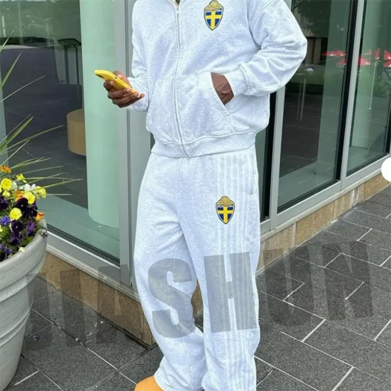 Custom Tracksuit Side Stripes Sweatsuits 100% Cotton Hoodie Men Joggers Suit Flared Sweatpants and Hoodie Set