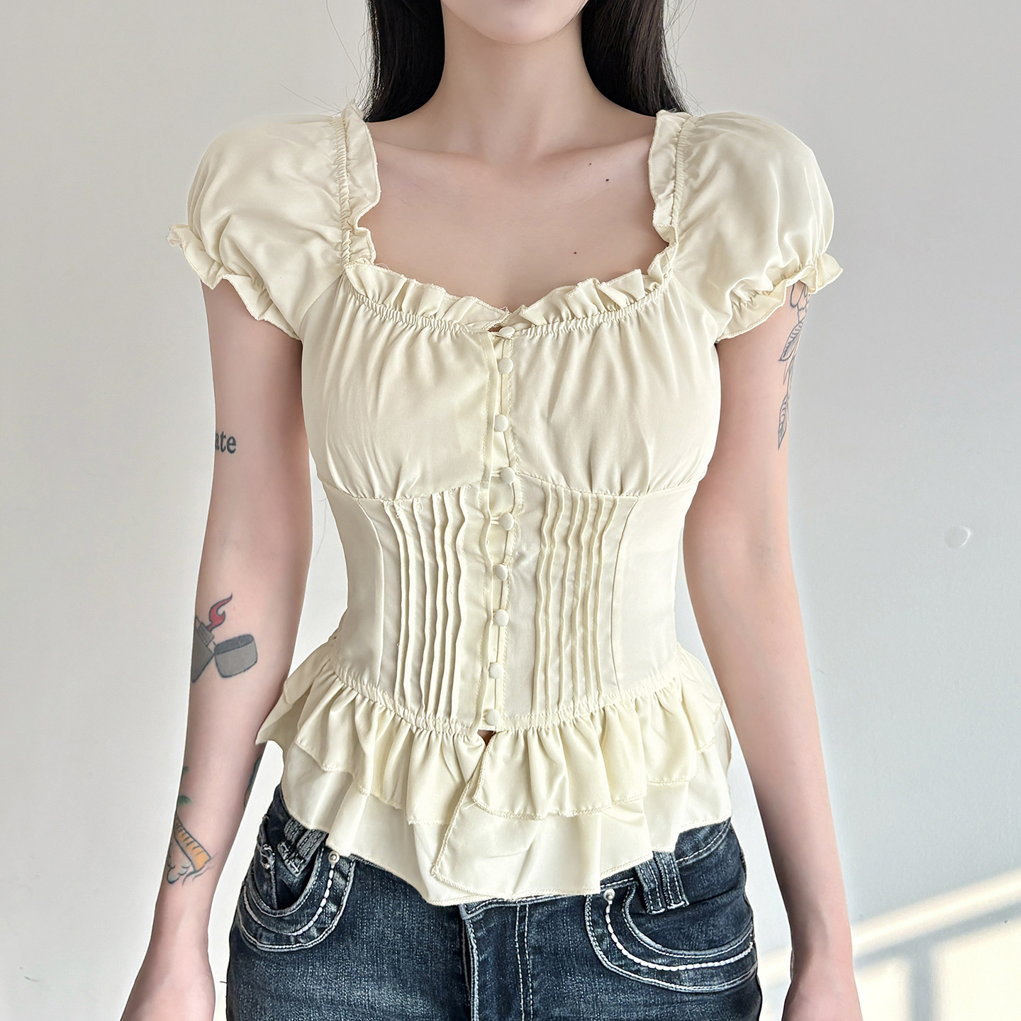 Women's French Style Pleated Puff Sleeve Blouse with Button Front and Ruffle Trim, Sweet Short Sleeve Summer Top