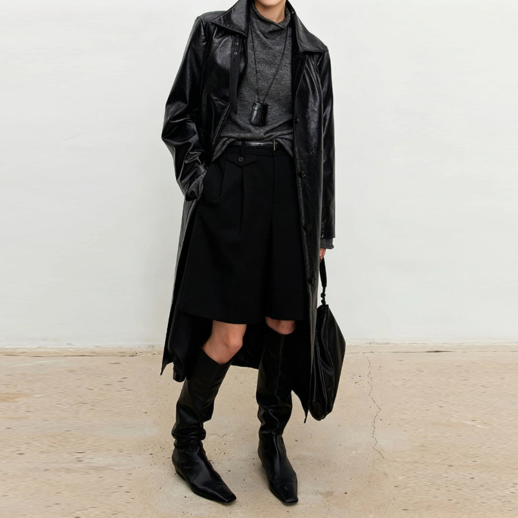 HN000004 Women's Slim Fit Belted Waist Long Leather Overcoat Notched Lapel Wax Dyed Sheepskin Trench Coat