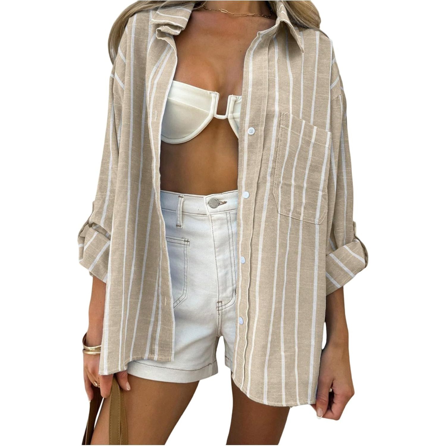 Custom Women's 100% Linen Simple Striped Shirt Collar Roll-Up Long Sleeve Oversized Button-Down Blouse Pocket No Print Everyday