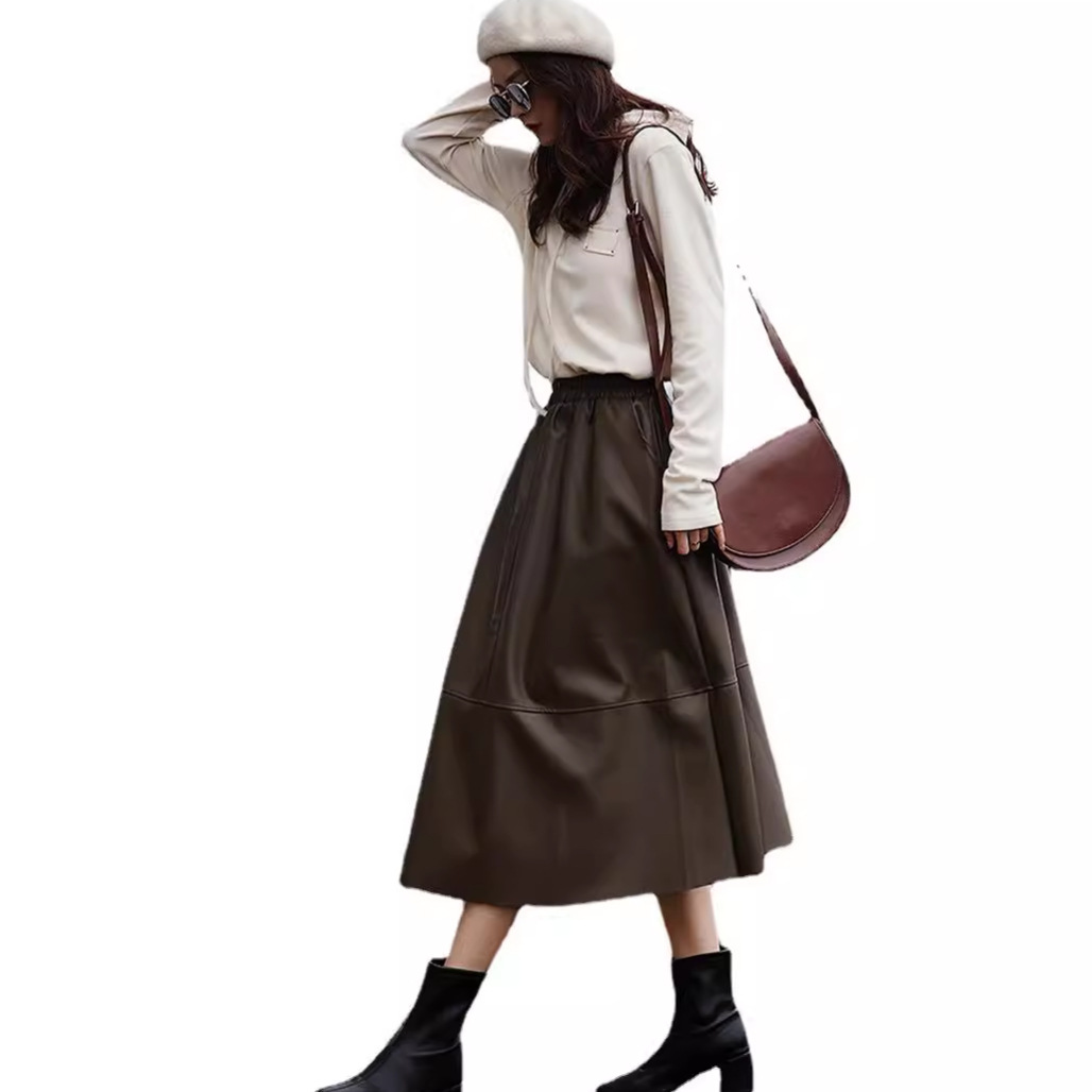 Women PU Flared Skirt High Waist Solid Midi Skirt Elegant Ladies Women Maxi Leather Skirt