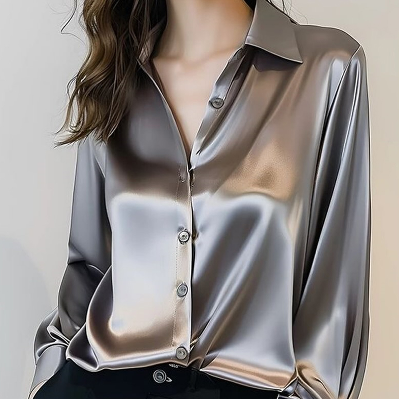 Oversized Turn Down Collar Golden Button up Woman Womens Long Sleeve Silk Shirts and Blouse Satin Office Wear Shirts for Women