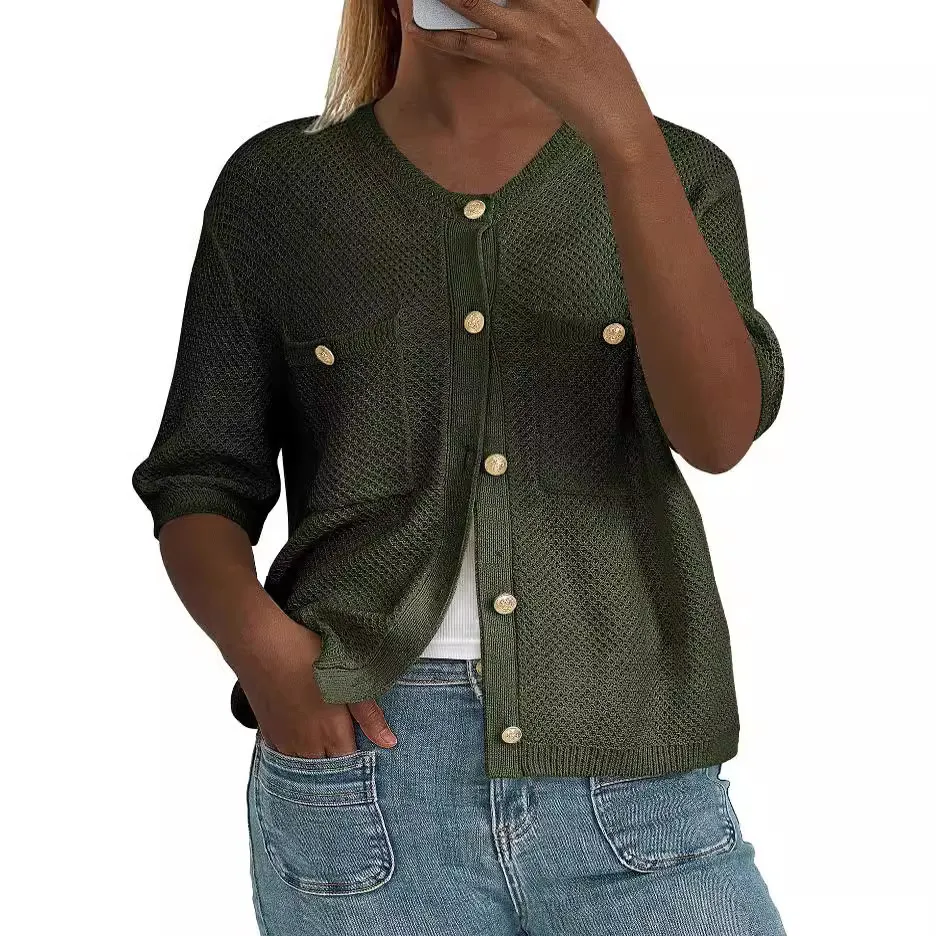 OEM ODM Manufacturer Cardigan Womens Western Pointelle Chest Pocket Linen Knitted Cardigan Jackets Sweater