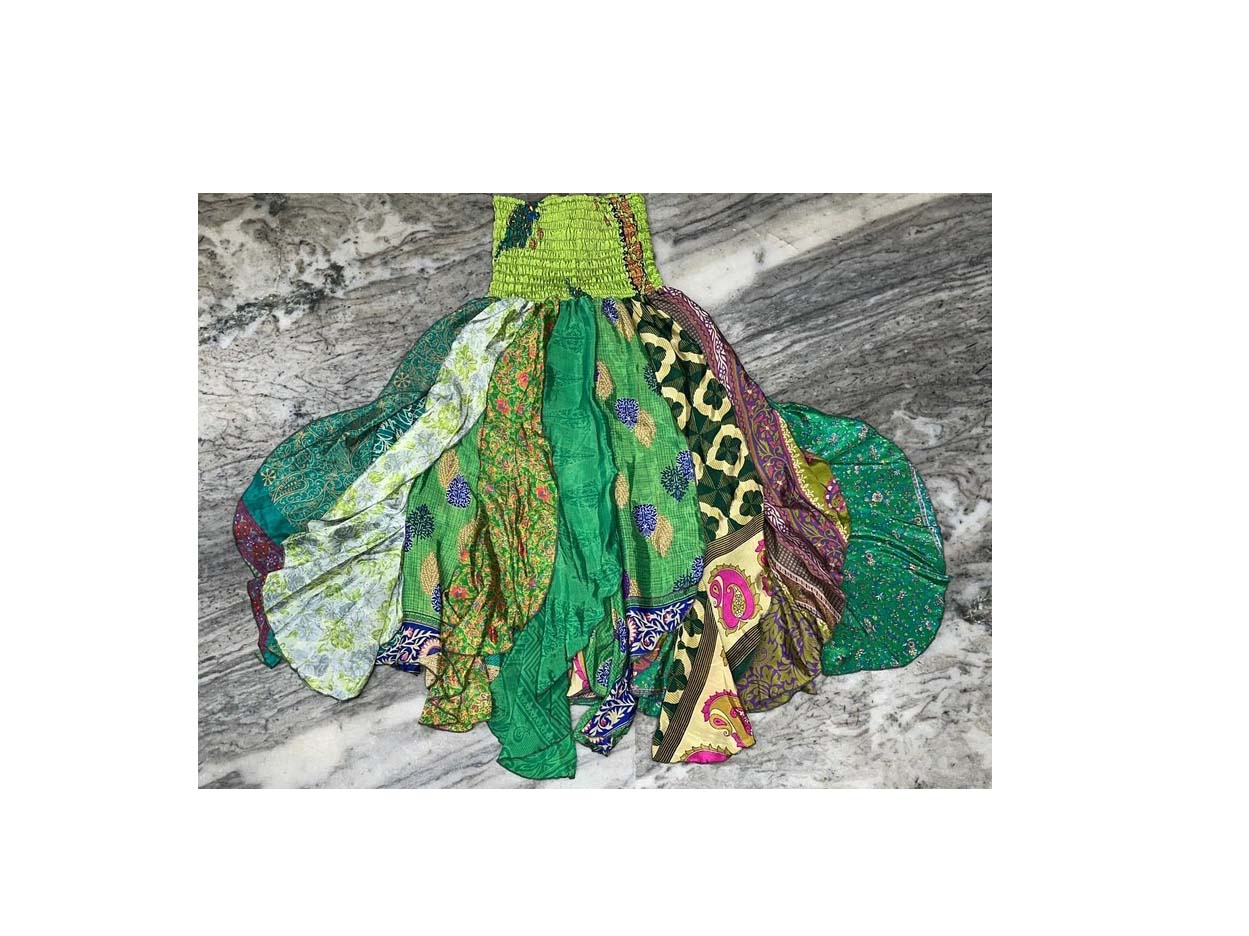 Mixed Patchwork Maxi Skirt Bohemian Silk Ruffle Fairy Silk Midi Skirt Colorful Patchwork Skirt for Women