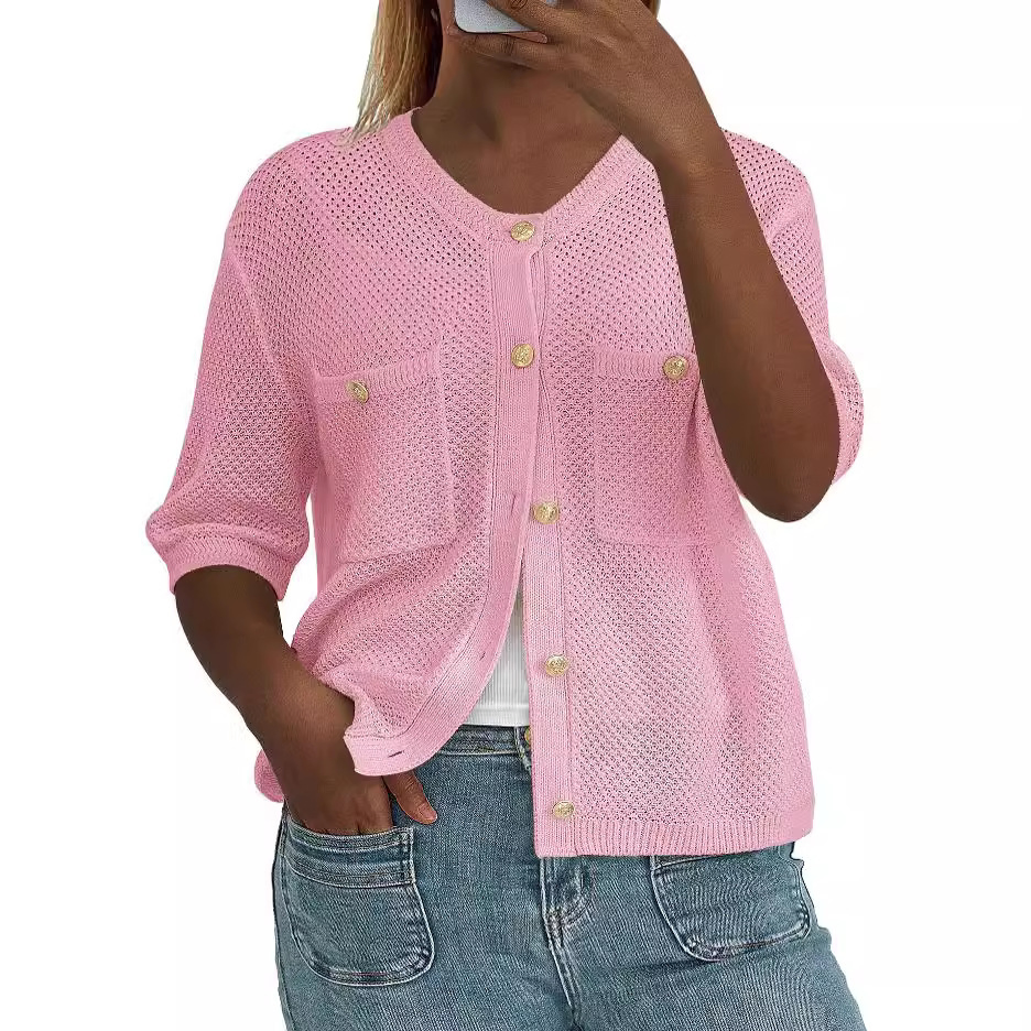 OEM ODM Manufacturer Cardigan Womens Western Pointelle Chest Pocket Linen Knitted Cardigan Jackets Sweater