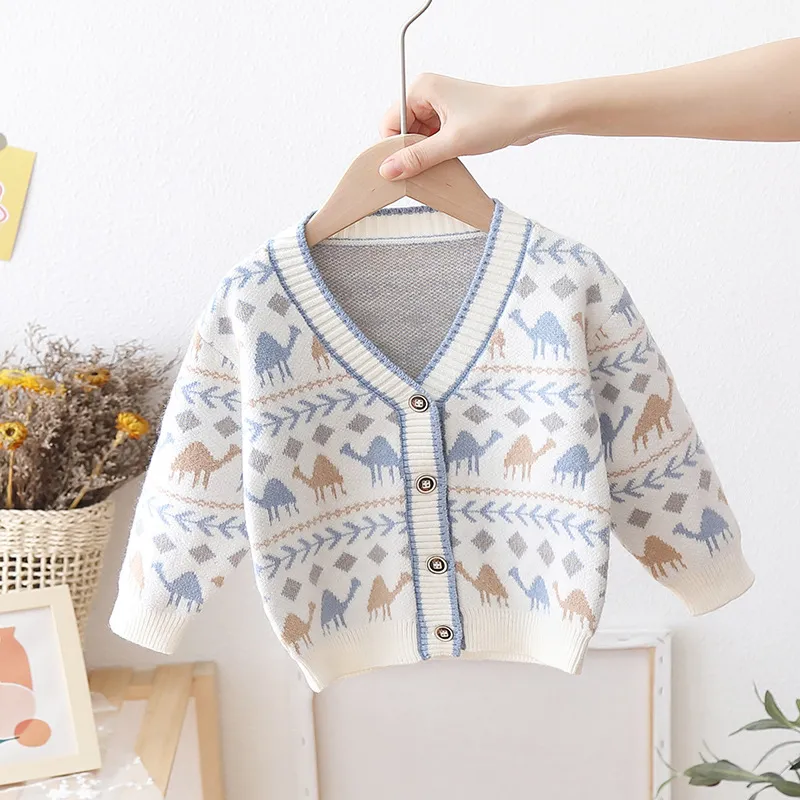 OEM Custom Fall Winter Boys Kids Dinosaur Pattern Knitted Cardigan Sweater