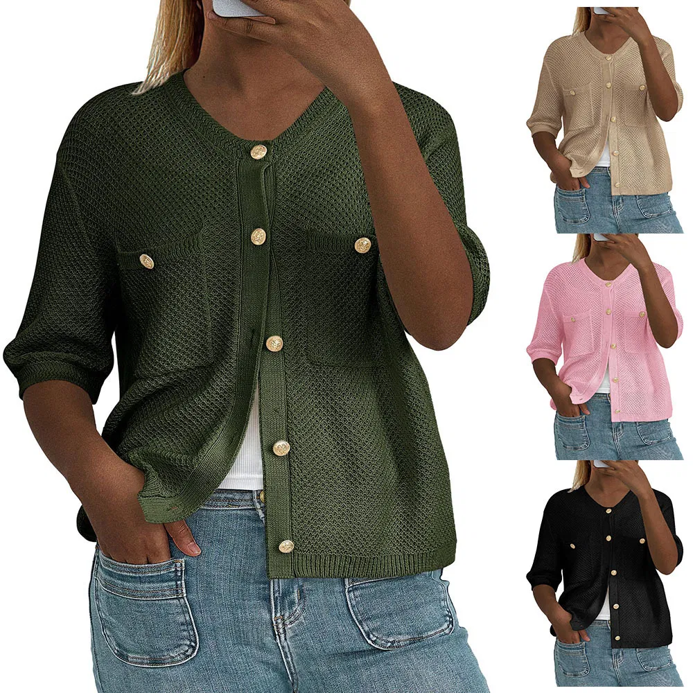 OEM ODM Manufacturer Cardigan Womens Western Pointelle Chest Pocket Linen Knitted Cardigan Jackets Sweater