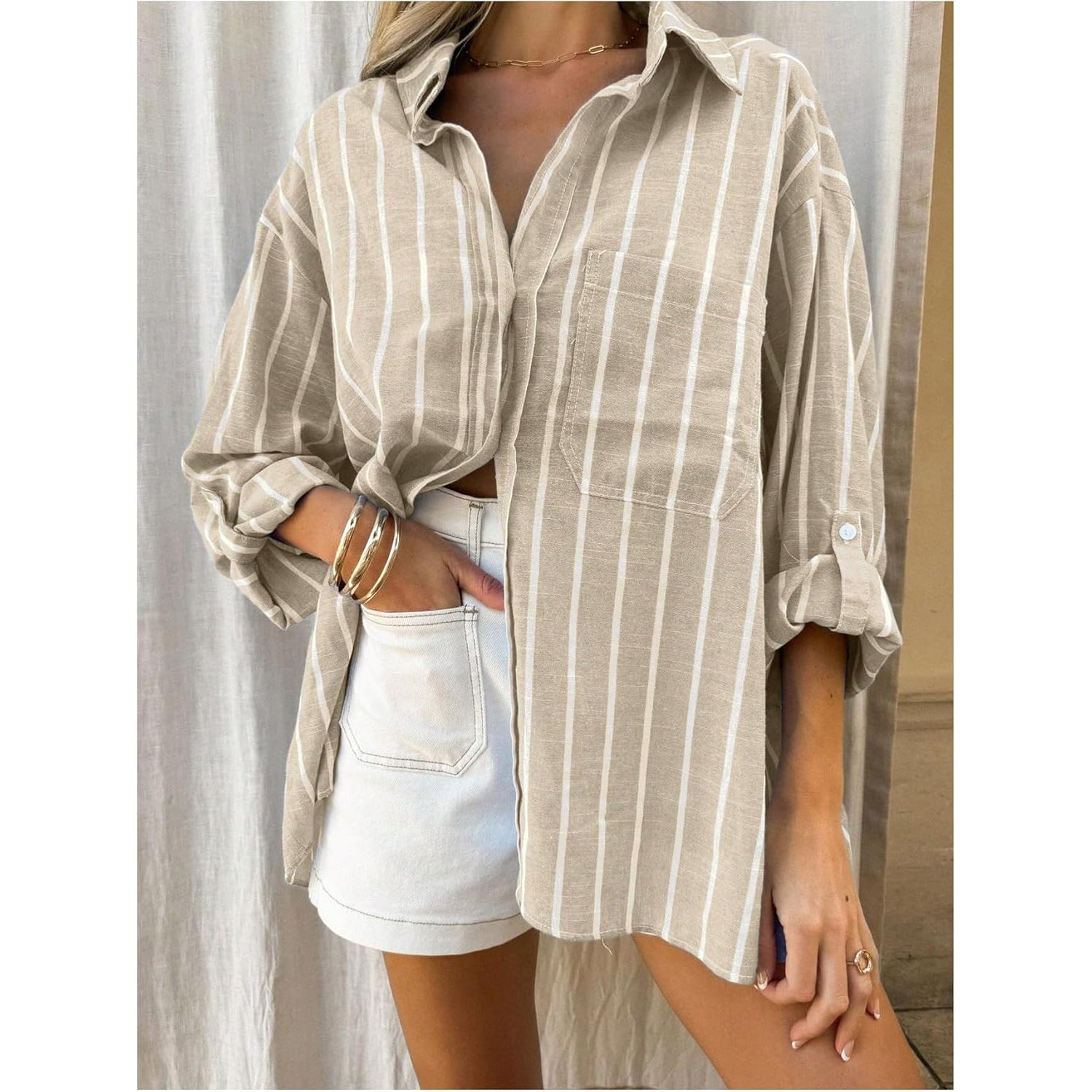 Custom Women's 100% Linen Simple Striped Shirt Collar Roll-Up Long Sleeve Oversized Button-Down Blouse Pocket No Print Everyday