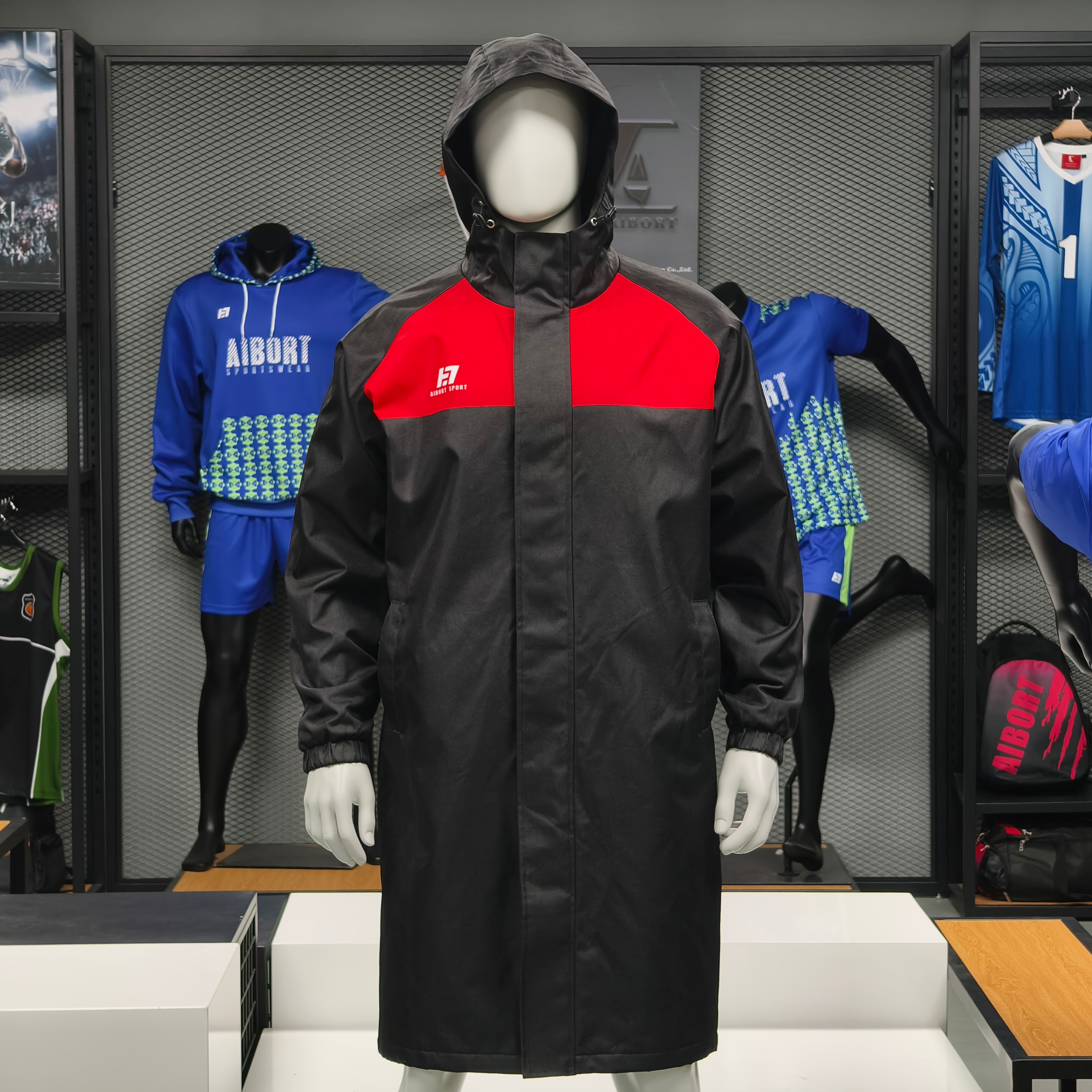 For Custom Full-Length Swim Parkas Teams Waterproof Warm-Up Jackets Zippered Closure Stand Front Coated Finish OEM Supply