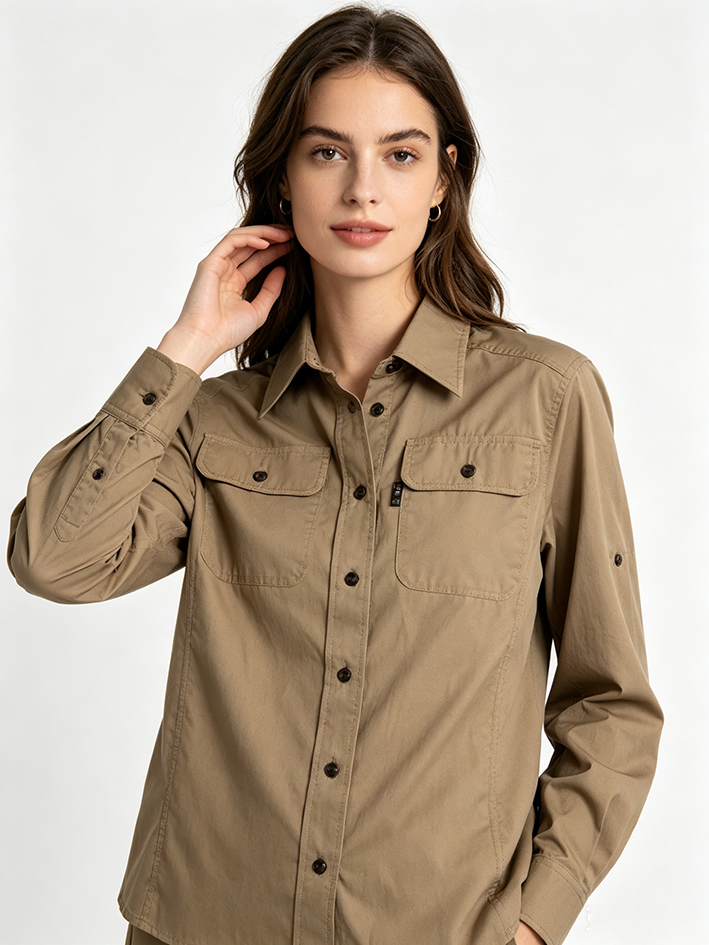 OEM ODM Womens Khaki Long Sleeve Work Shirt Customizable Button Down Blouse with Pockets for Business Casual and Travel