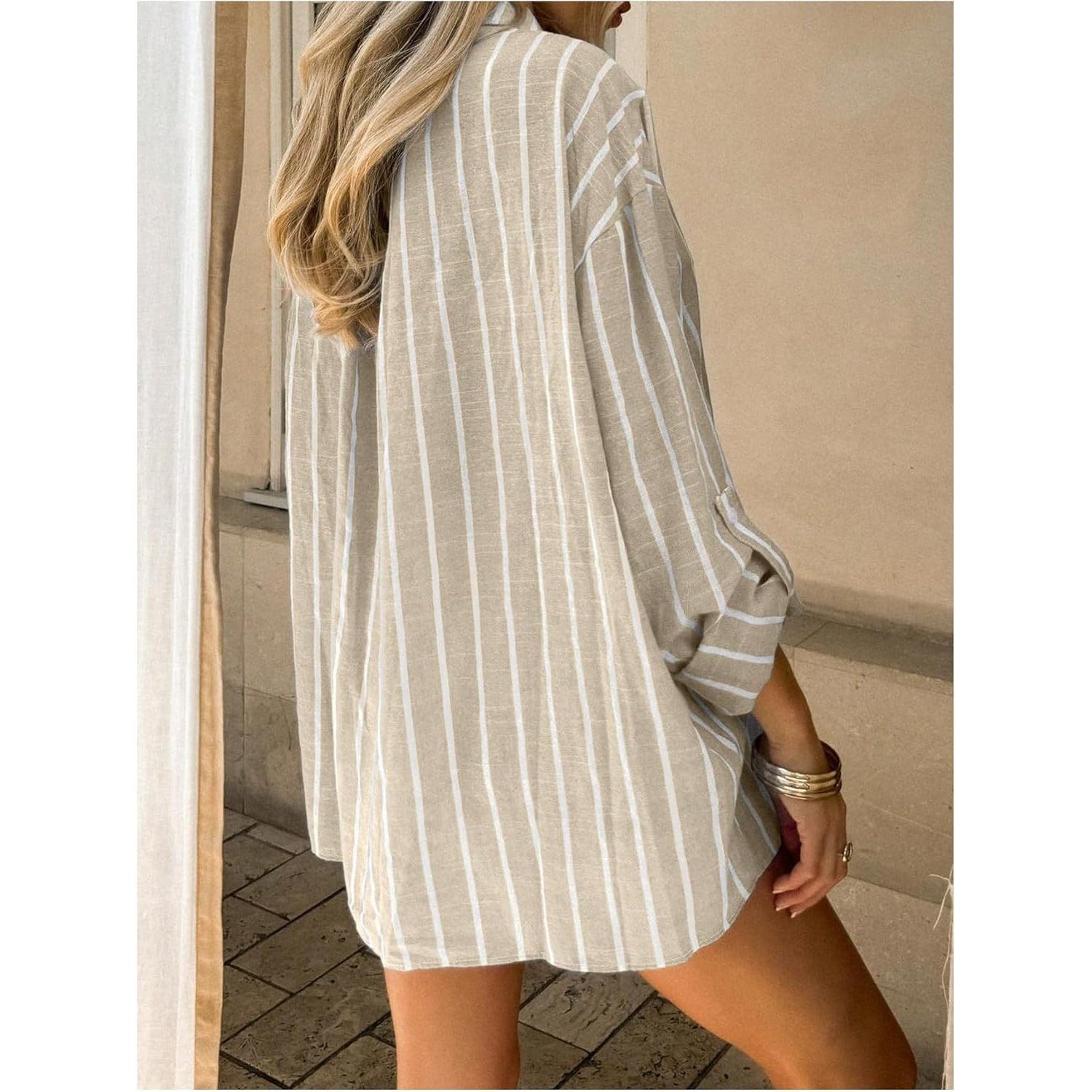 Custom Women's 100% Linen Simple Striped Shirt Collar Roll-Up Long Sleeve Oversized Button-Down Blouse Pocket No Print Everyday