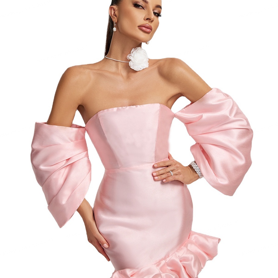 Summer Women Fashion Designer Pink Slim Fit Garment Dyed Cocktail Dress Strapless Off-Shoulder Asymmetrical Elegant Short