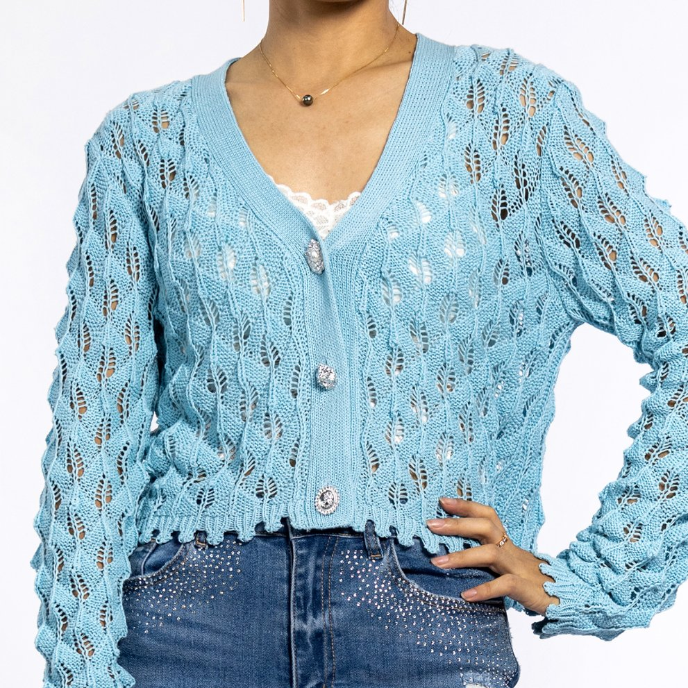 Blue Hollow Textured Crochet V-Neck Long Sleeve Sweater Lightweight Women's Cardigan Summer