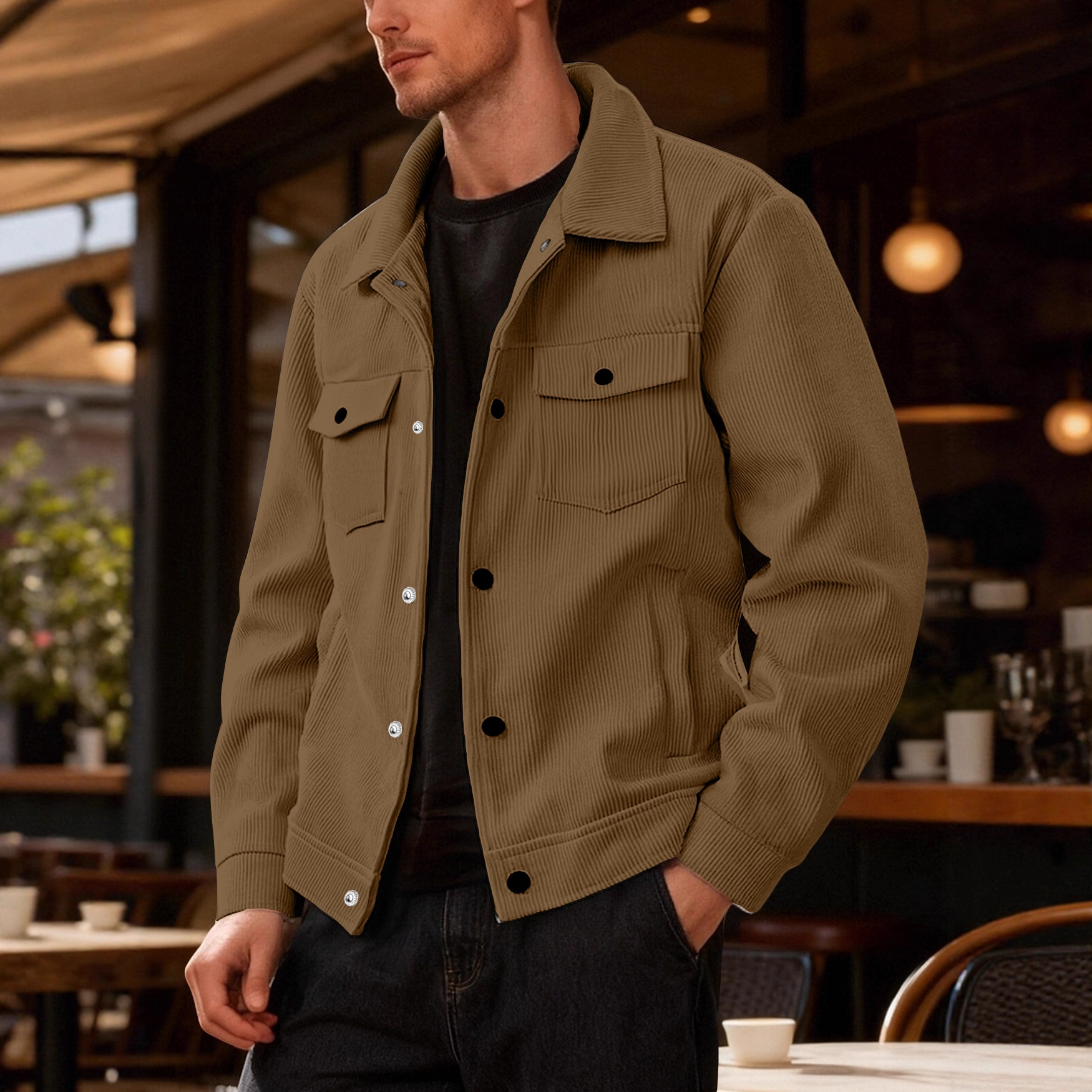 High Quality Spring Autumn New Corduroy Jacket Casual Cool Light Plush Pocket Button Solid Color Men's Jacket Custom Logo