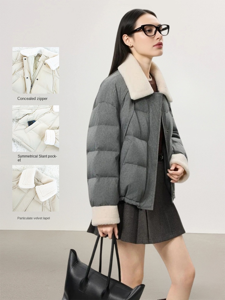 2025 Winter New Blazer Lapel Fur Collar Short White Goose Down Women's Loose Commuter Small Warm Jacket