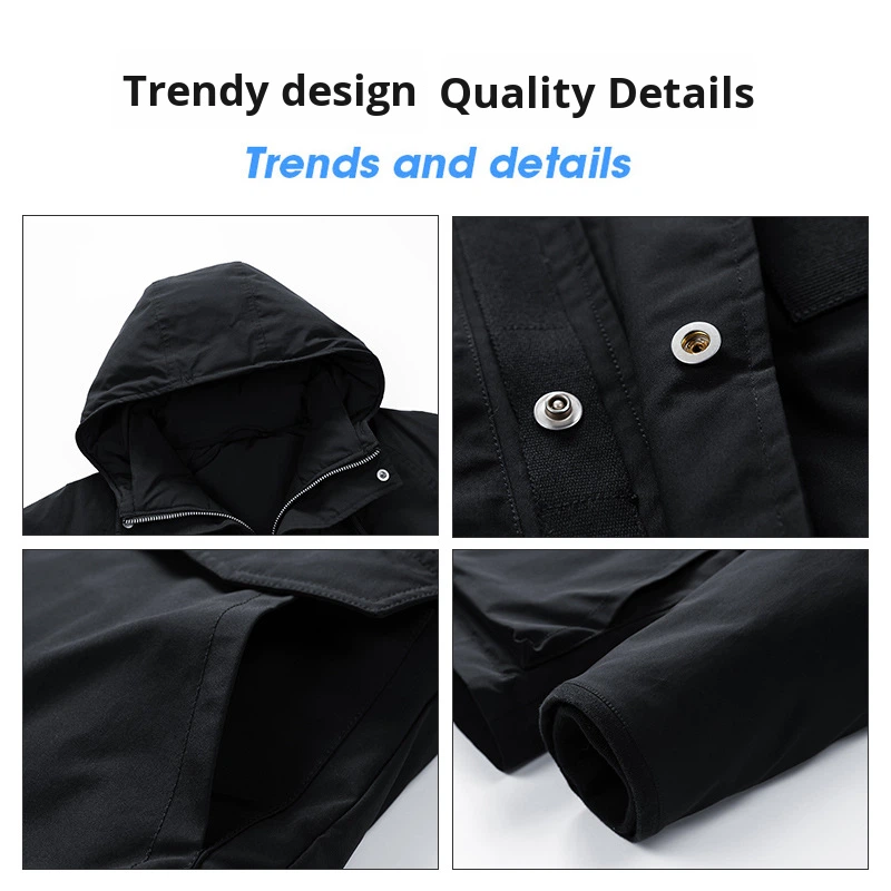 Custom New Hooded Men's Trench Coat Winter Trendy Fashion 100% Polyester Zipper Closure Windproof Warm Workwear