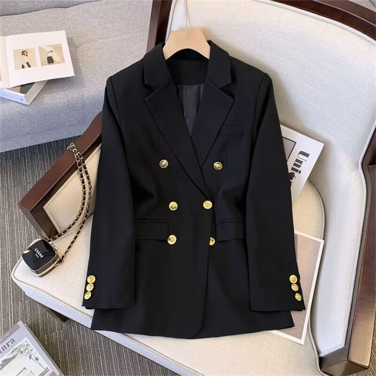 LE2374 Women's Autumn Office Jacket Gold Buttoned Solid Colour Woven Suit Loose Casual Blouse Coat Celebrity Inspired