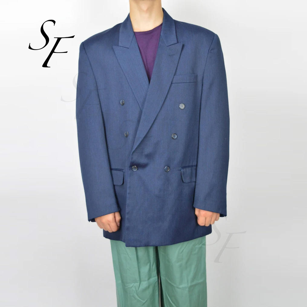 Custom Spring and Autumn Casual Loose Fit British Style Vintage Dark Blue Classic 80's Wool Polyester blazer Men's Suit Jacket