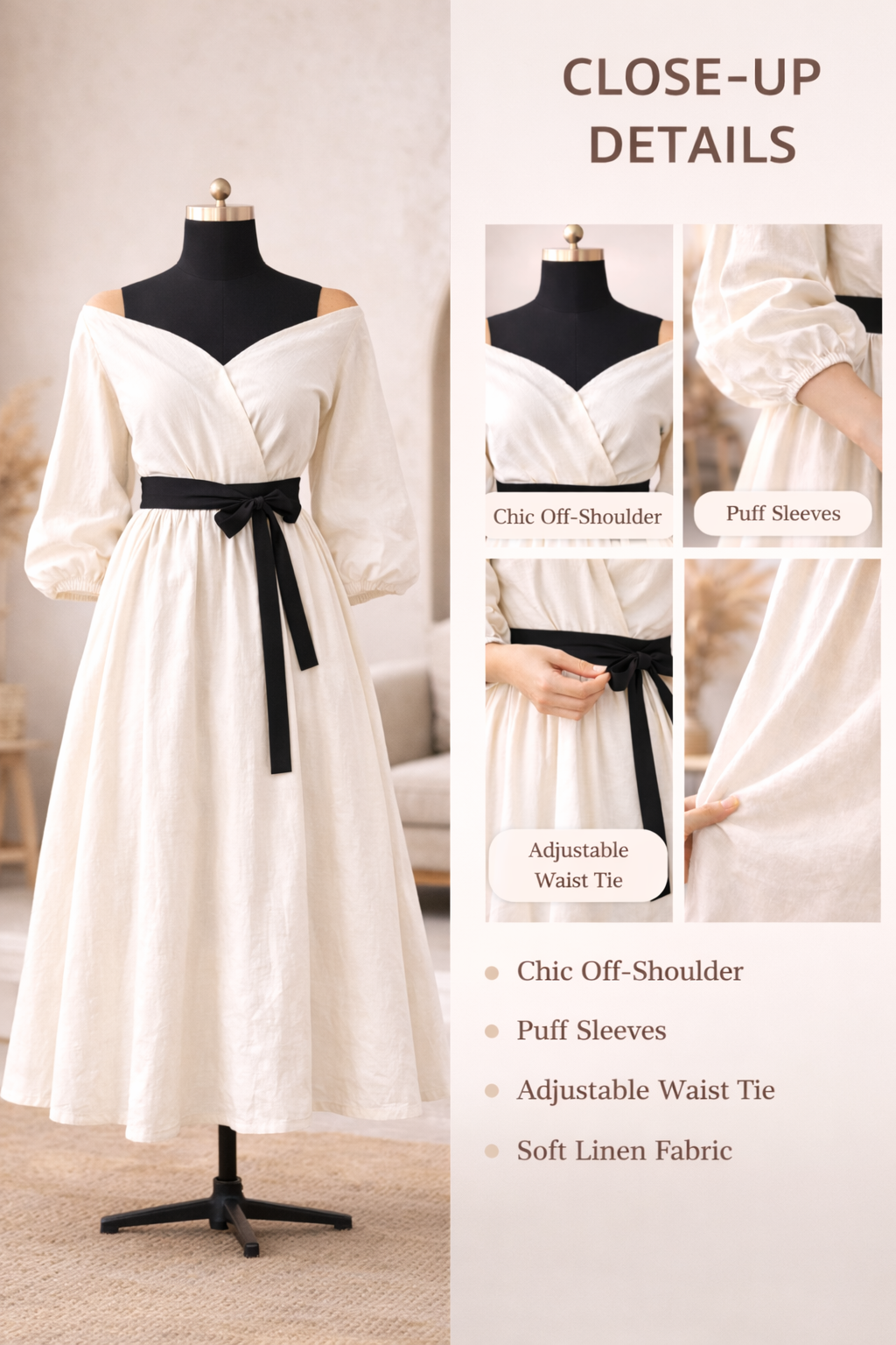 Elegant Off Shoulder White Cotton Linen Midi Dress Women Puff Flowy Sleeve Cocktail Party Dresses with Black Waist Strap