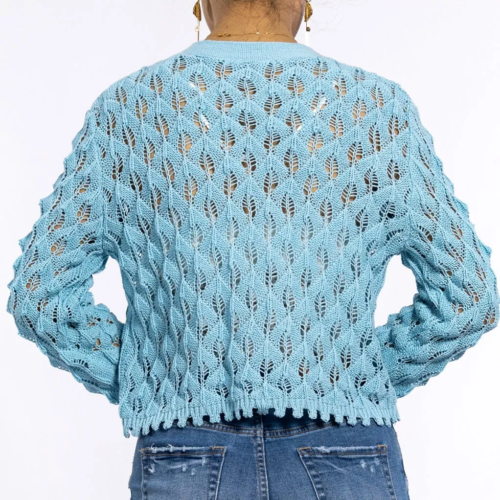Blue Hollow Textured Crochet V-Neck Long Sleeve Sweater Lightweight Women's Cardigan Summer