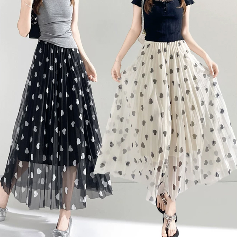 Elegant High Waist Heart Printed Pleated Midi Tulle Skirt Casual A-line Mesh Maxi Skirts for Women Summer Fashion