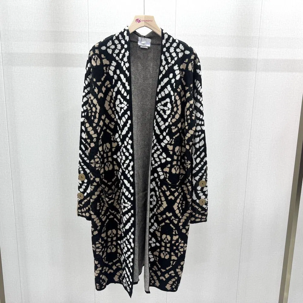 Women's Geometric Figure Design Knit Cardigan Coat Sweater Casual Style Winter Wear