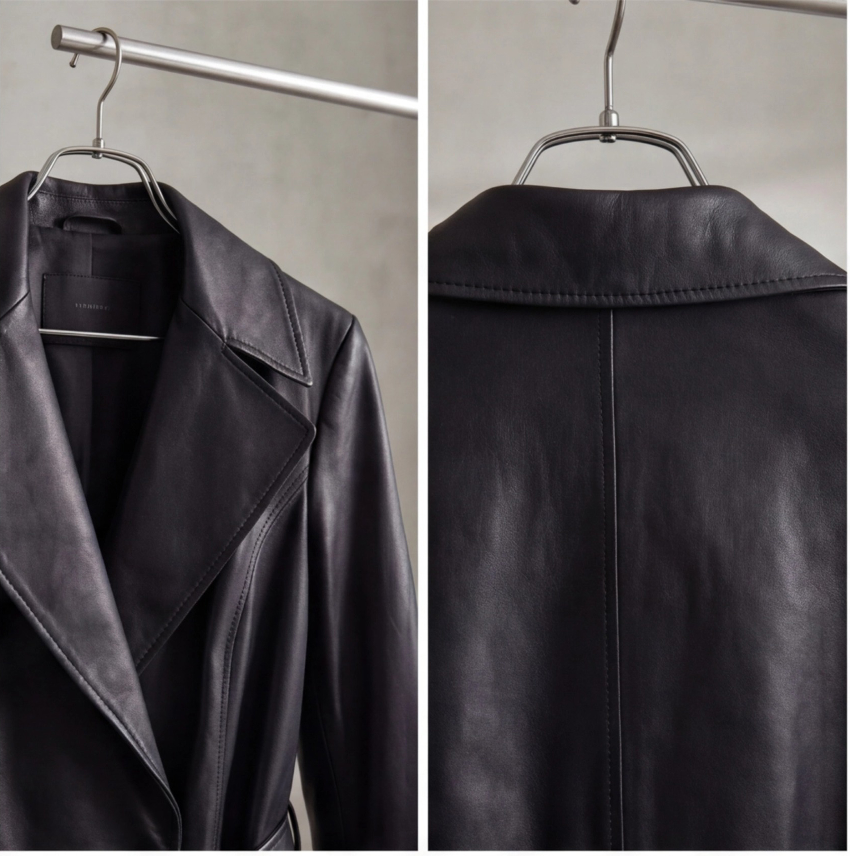 Women's Black Genuine Sheepskin Leather Trench Coat, Long Double Breasted Belted Overcoat for Office