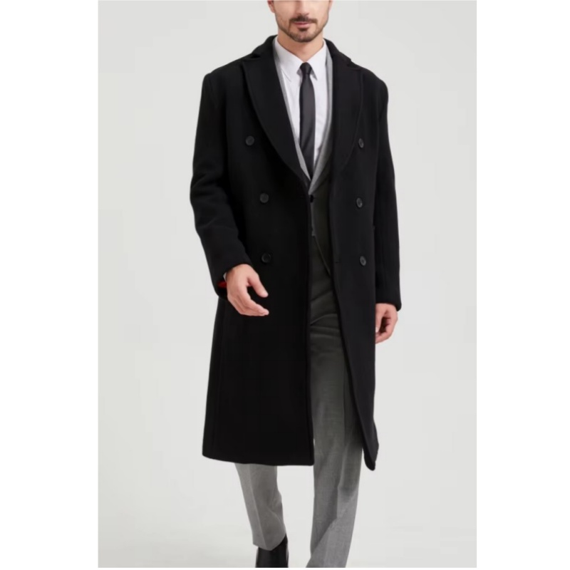 Men's Black Casual Double Breasted Long Overcoat High-End Luxury Woolen Viscose Trench Coat Anti-Wrinkle Breathable