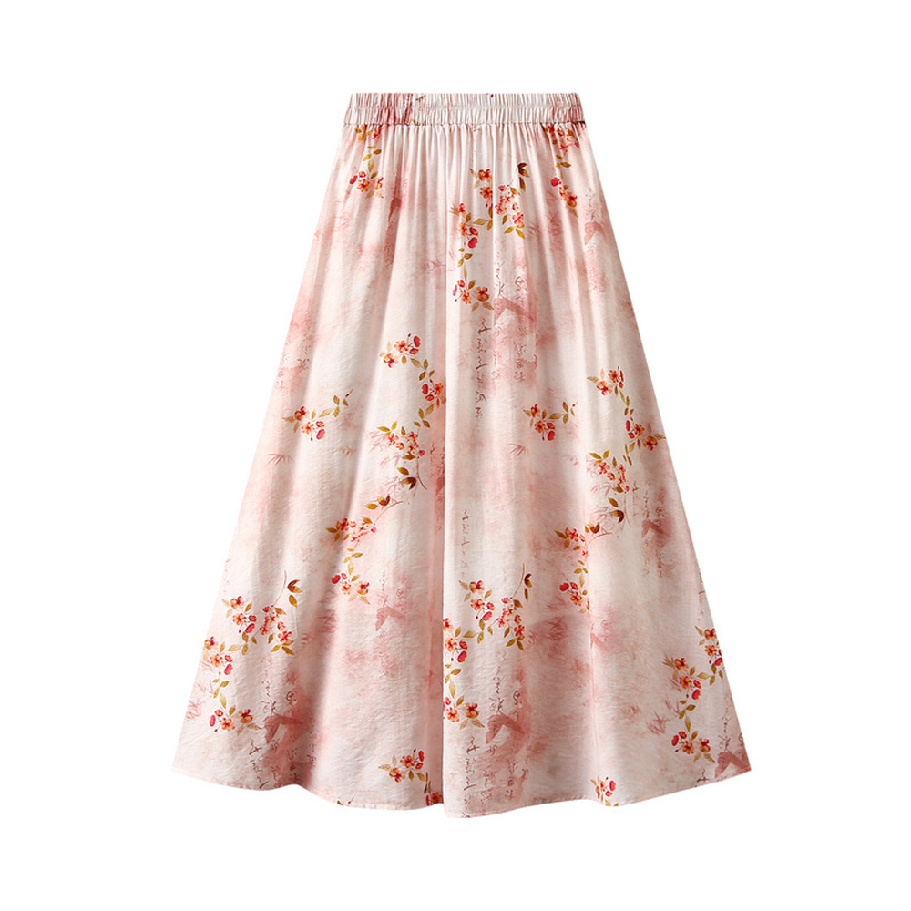 Chinese Style Floral Printed Long Skirt Custom Manufacturers Fashion Pleated A-Line Printed Midi Linen Maxi Skirts for Women