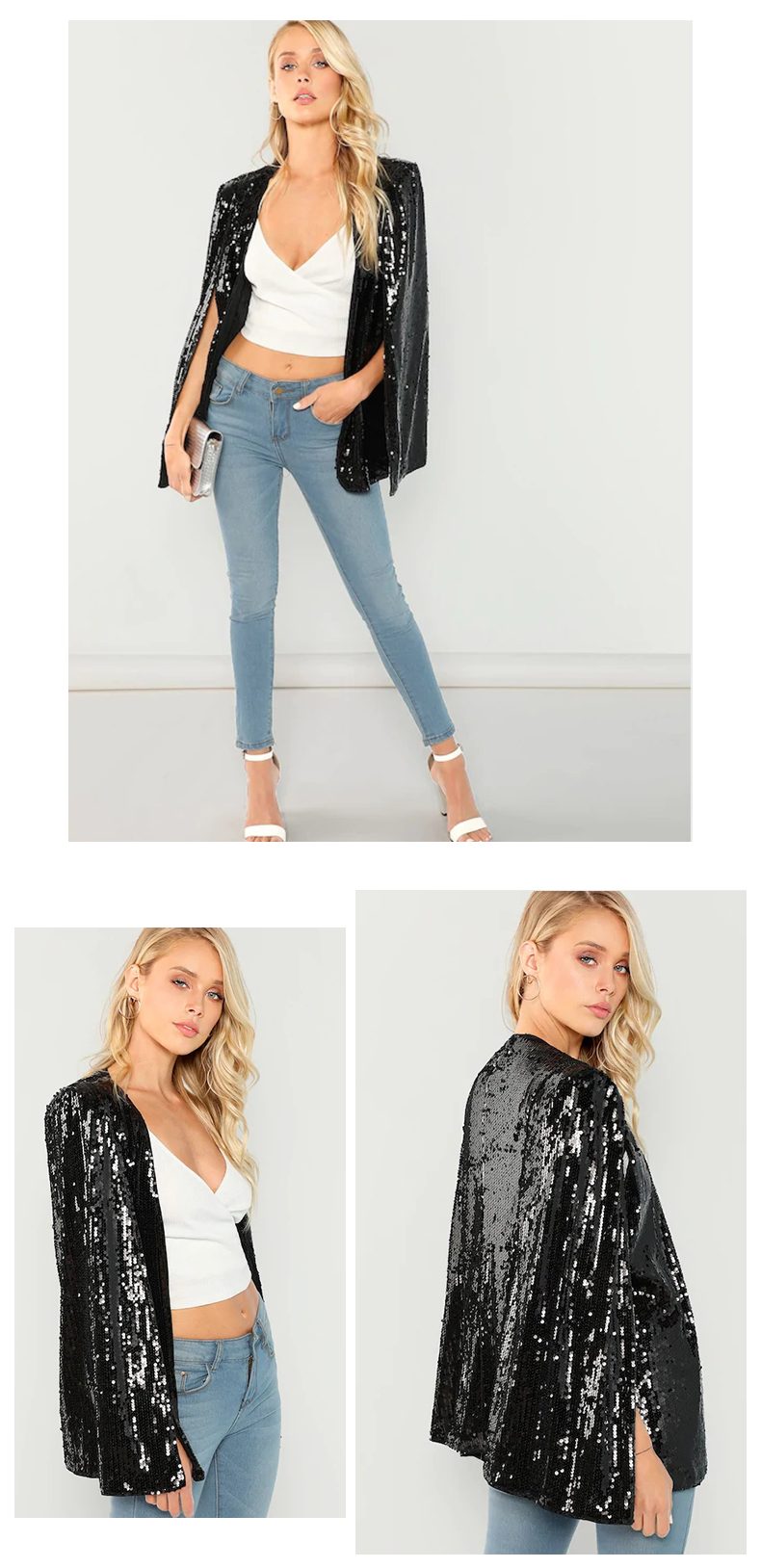 Oem High Quality Open Front Sequin Cape Women Formal Blazers Ladies Jacket Women