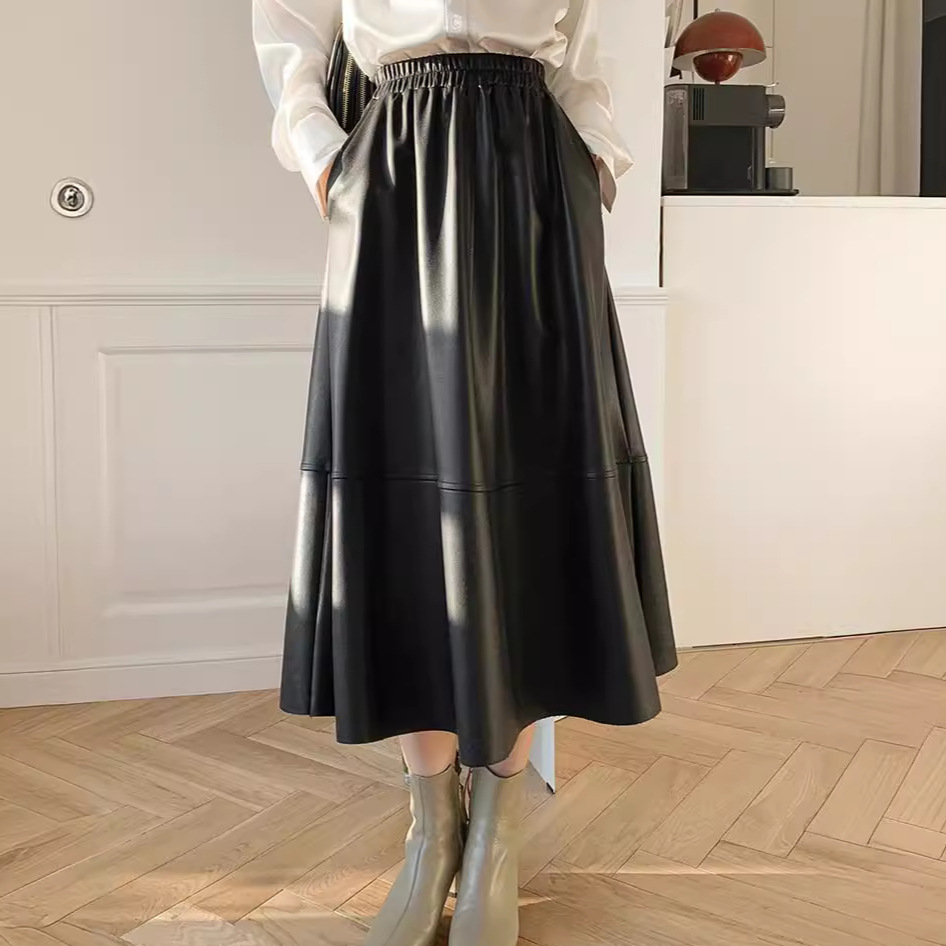Women PU Flared Skirt High Waist Solid Midi Skirt Elegant Ladies Women Maxi Leather Skirt