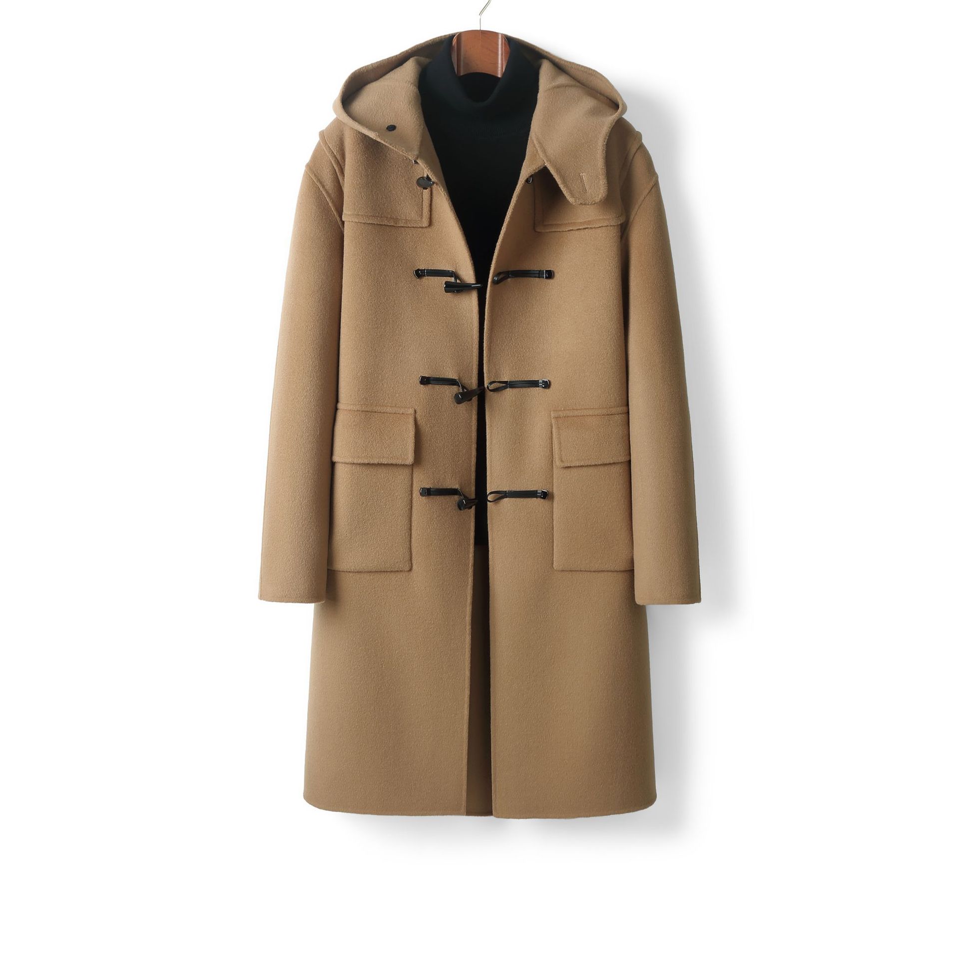 Mens Youth Hooded Trench Coat Horn Pure Wool Double-sided Tweed Factory Outlet