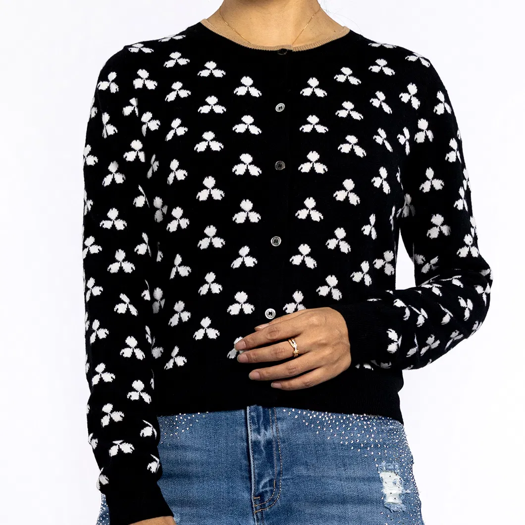 Ladies Spring Jacquard Round Neck Long-Sleeved Kint Black Cardigan Sweaters for Women