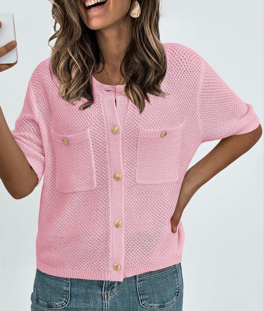 OEM ODM Manufacturer Cardigan Womens Western Pointelle Chest Pocket Linen Knitted Cardigan Jackets Sweater