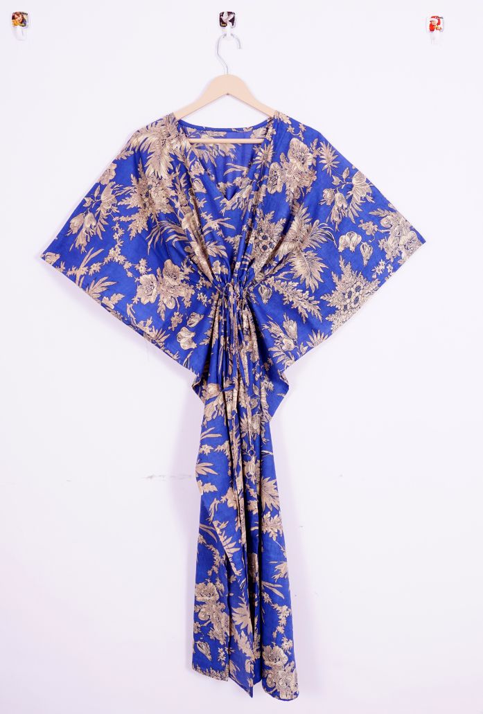 Indian Hand Block Indigo Printed Cotton Kaftan Bathrobe