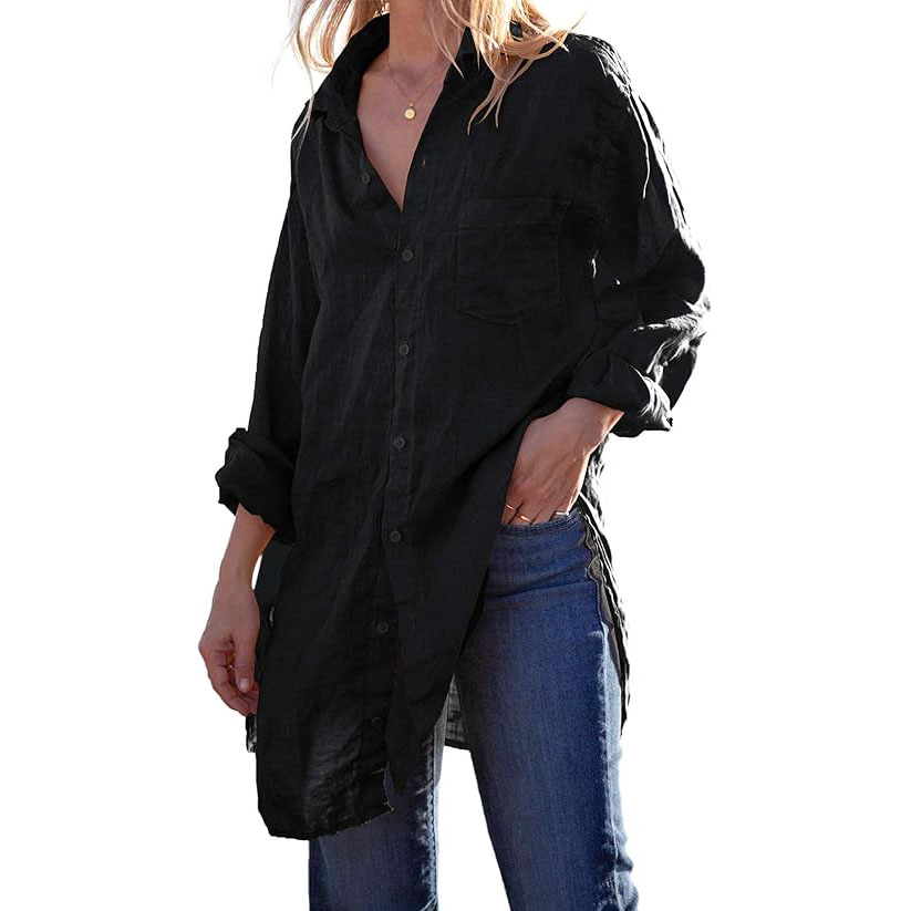 Women Blouses&amp;Shirts Long Sleeve Button Down Cotton Linen Shirt