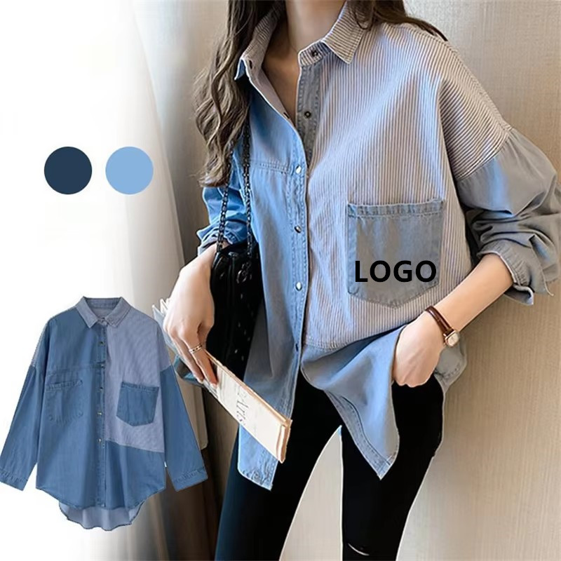 OEM/ODM Womens Smocked Cuffed Striped Long Sleeve Oversized Button Down Blouses and Shirts for Women