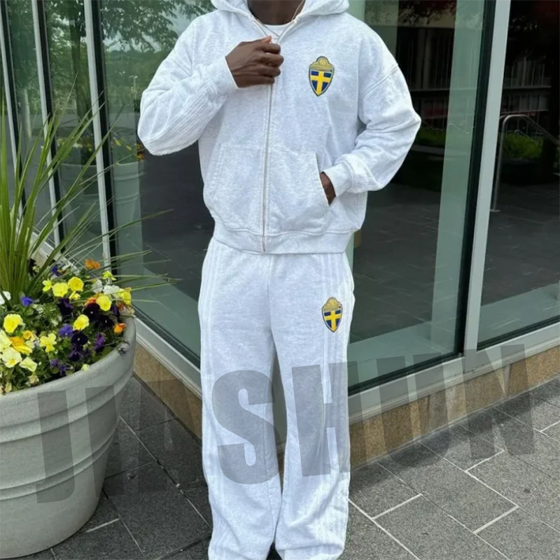 Custom Tracksuit Side Stripes Sweatsuits 100% Cotton Hoodie Men Joggers Suit Flared Sweatpants and Hoodie Set