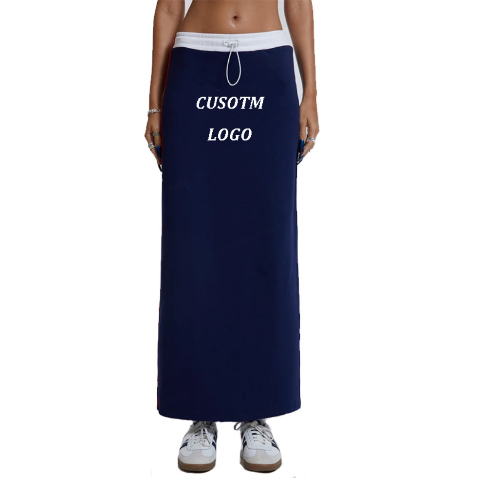 Custom Logo Women Sport Style Long Skirt Dress Cotton Jersey Knitted Side Striped Maxi Skirt Navy Sporty Midi Skirt