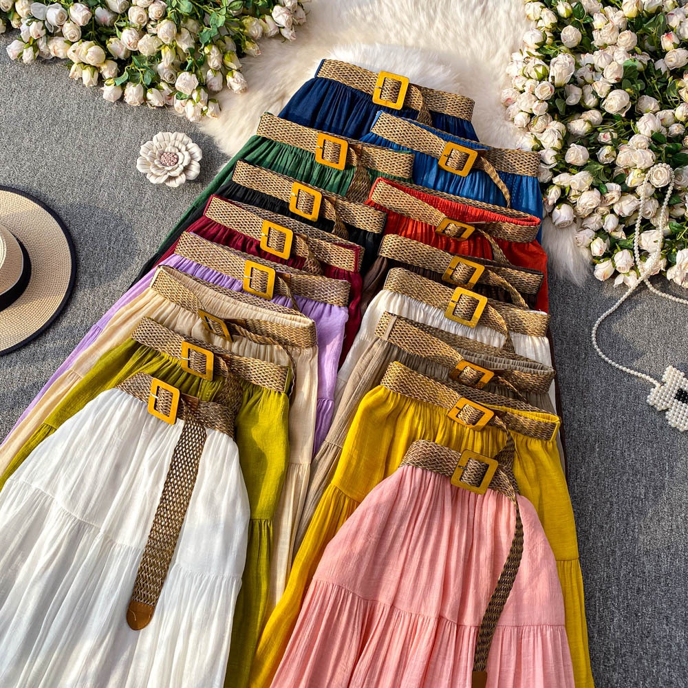 Women's Flowy Flared Ruffle Long Skirt Summer Maxi Skirt Going Out Outfits Midi Length Elastic High Waist Beach Skirt Dress