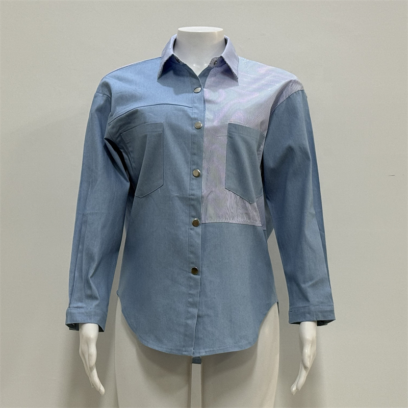 OEM/ODM Womens Smocked Cuffed Striped Long Sleeve Oversized Button Down Blouses and Shirts for Women