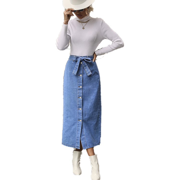 Womens Denim Skirts Self Belted Plus Size Long Button Denim Skirt High Waist Midi Maxi Skirt